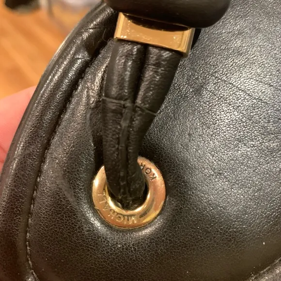 MICHAEL Michael Kors Holly Black Leather &amp; Gold Hardware Flat Sandals Size 7.5
