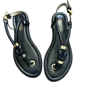 MICHAEL Michael Kors Holly Black Leather &amp; Gold Hardware Flat Sandals Size 7.5