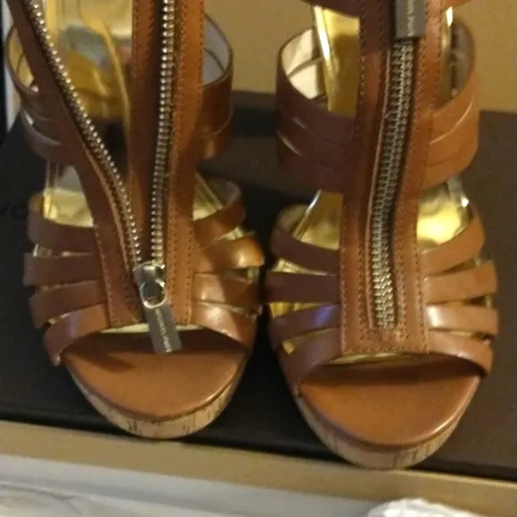 MICHAEL Michael Kors T-Strap Leather Ankle Booties Platform Cork HiHeel Sandals