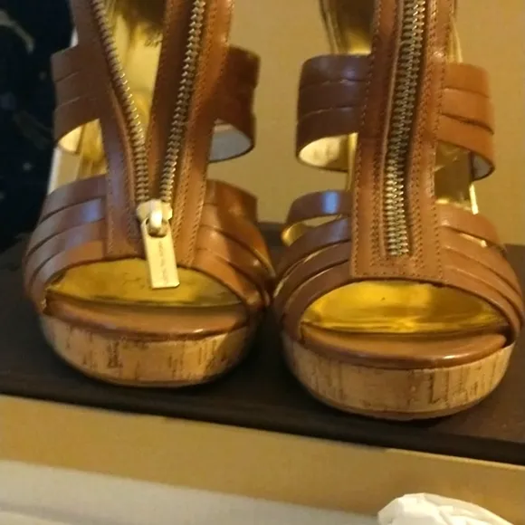 MICHAEL Michael Kors T-Strap Leather Ankle Booties Platform Cork HiHeel Sandals