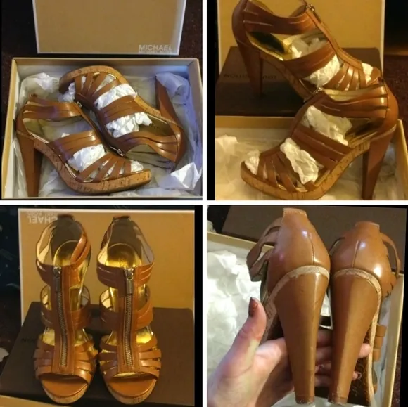 MICHAEL Michael Kors T-Strap Leather Ankle Booties Platform Cork HiHeel Sandals