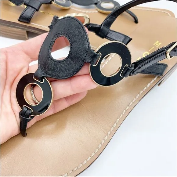 Michael Michael Kors Thong Black Flat Sandals w/Gold/Black Disk Accent 7.5