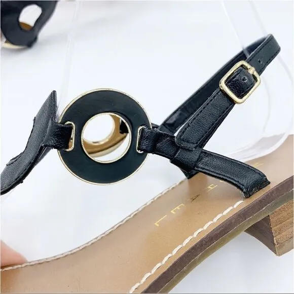 Michael Michael Kors Thong Black Flat Sandals w/Gold/Black Disk Accent 7.5
