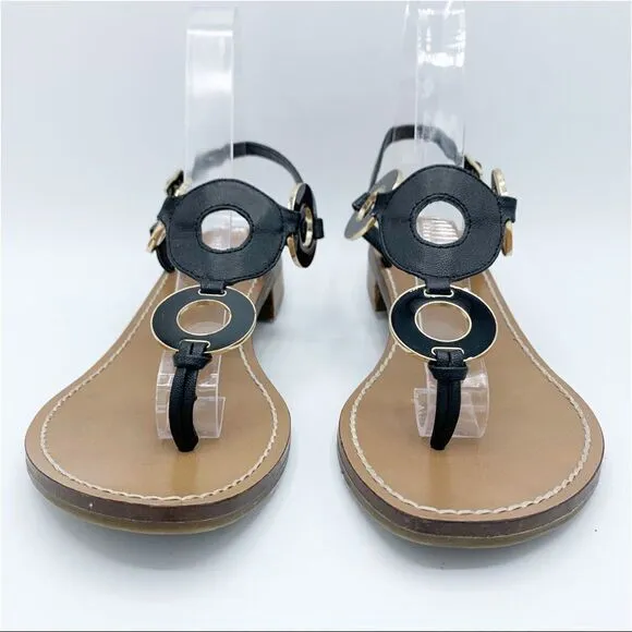 Michael Michael Kors Thong Black Flat Sandals w/Gold/Black Disk Accent 7.5