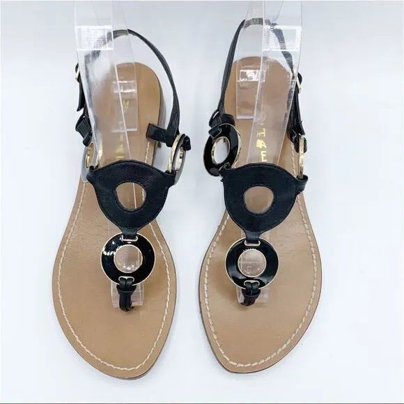 Michael Michael Kors Thong Black Flat Sandals w/Gold/Black Disk Accent 7.5