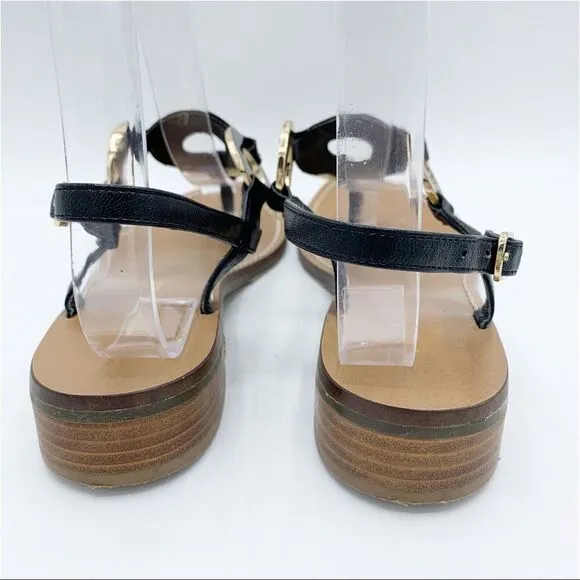 Michael Michael Kors Thong Black Flat Sandals w/Gold/Black Disk Accent 7.5