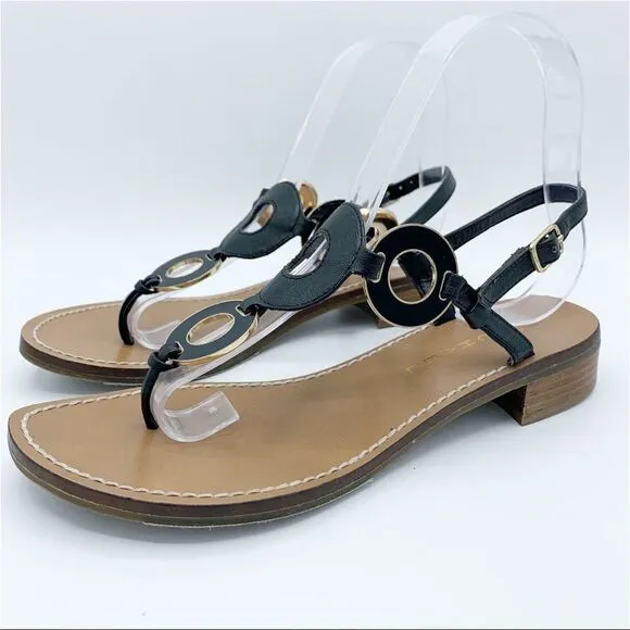 Michael Michael Kors Thong Black Flat Sandals w/Gold/Black Disk Accent 7.5
