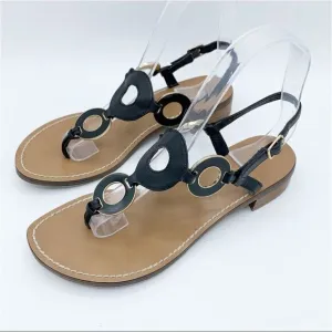 Michael Michael Kors Thong Black Flat Sandals w/Gold/Black Disk Accent 7.5