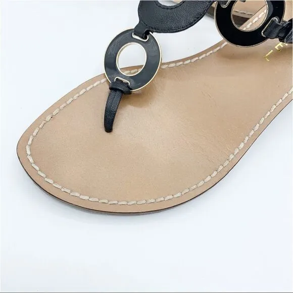 Michael Michael Kors Thong Black Flat Sandals w/Gold/Black Disk Accent 7.5