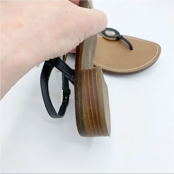Michael Michael Kors Thong Black Flat Sandals w/Gold/Black Disk Accent 7.5