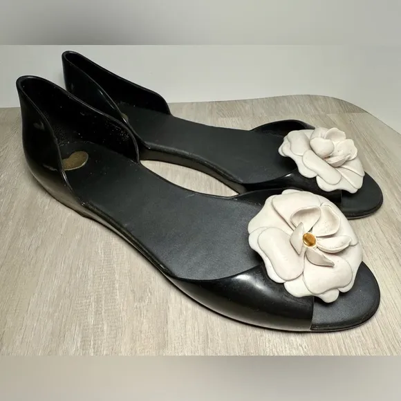 Mini Melissa Black Flat Sandals Womens Shoes Size 9 / 40 Peep Toe Flower