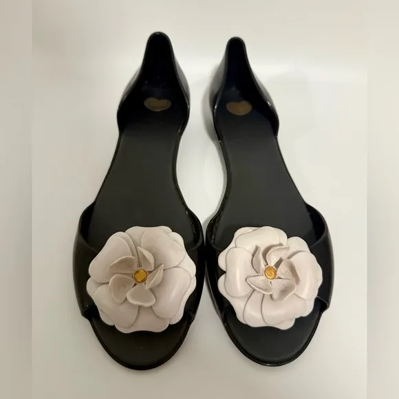 Mini Melissa Black Flat Sandals Womens Shoes Size 9 / 40 Peep Toe Flower