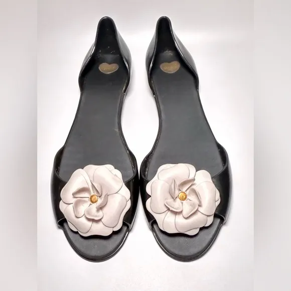 Mini Melissa Black Flat Sandals Womens Shoes Size 9 / 40 Peep Toe Flower