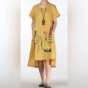 Minibee embroidered high low dress,‎ cotton linen blend, size large
