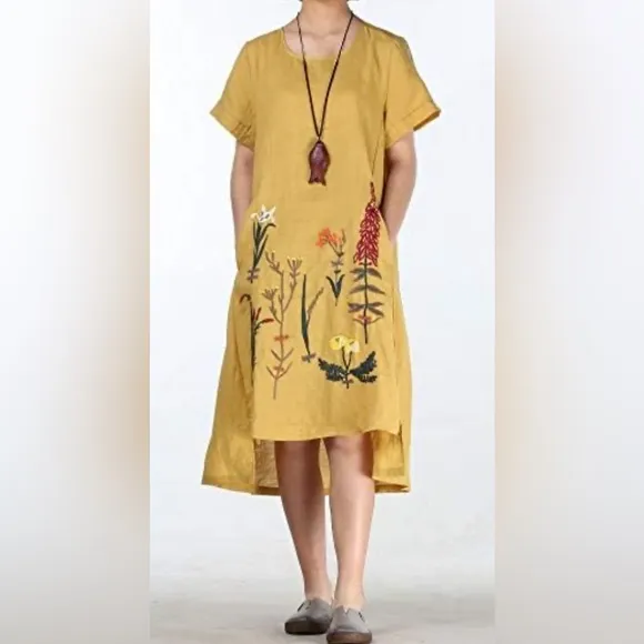 Minibee embroidered high low dress,‎ cotton linen blend, size large