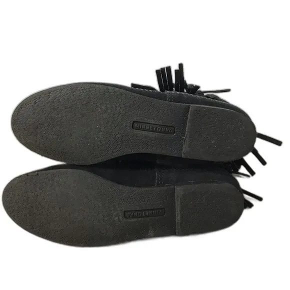 Minnetonka Suede Leather 3-Layer Fringe Boot Black Size 5 New