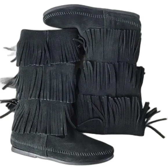 Minnetonka Suede Leather 3-Layer Fringe Boot Black Size 5 New