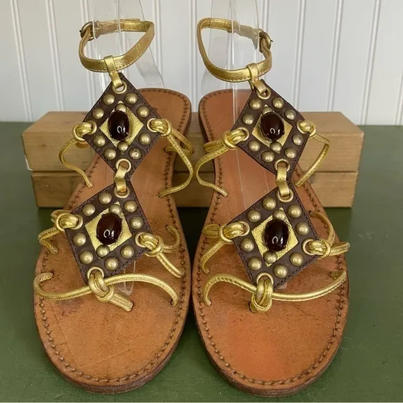 Miu Miu Embellished Boho Gold Flat Sandals w Ankle Strap *Italy*