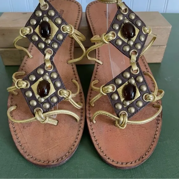 Miu Miu Embellished Boho Gold Flat Sandals w Ankle Strap *Italy*