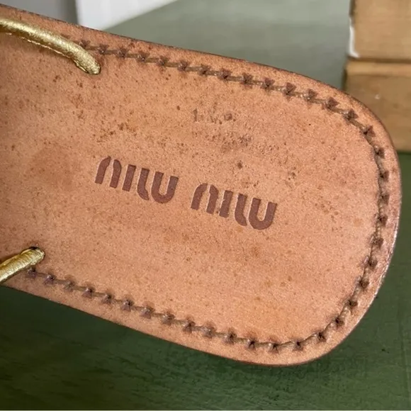 Miu Miu Embellished Boho Gold Flat Sandals w Ankle Strap *Italy*