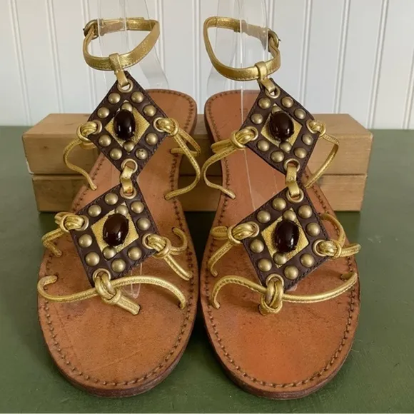 Miu Miu Embellished Boho Gold Flat Sandals w Ankle Strap *Italy*