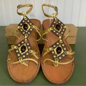 Miu Miu Embellished Boho Gold Flat Sandals w Ankle Strap *Italy*