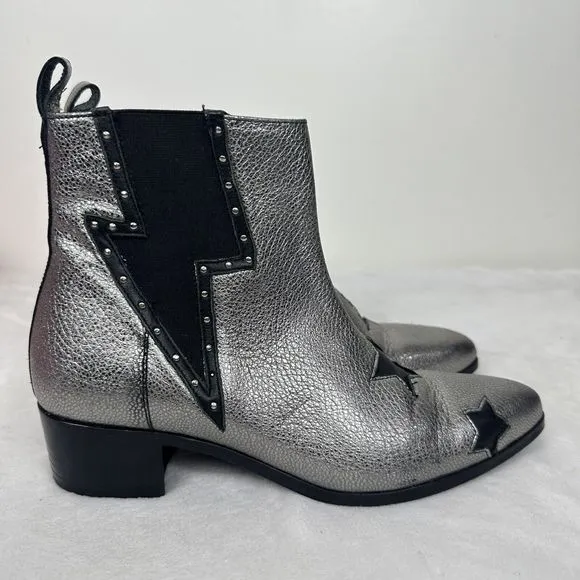 Modern Vice Designer Lightning Bolt Star Boots Black Silver Genuine Leather 6M