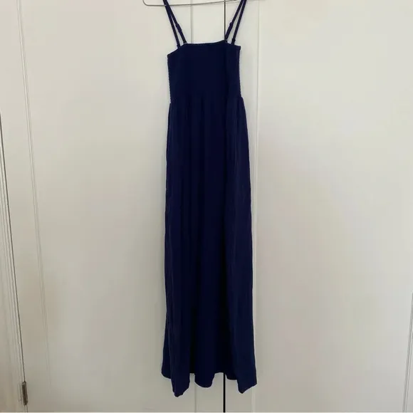 Monrow Navy Blue Gauze Smocked Long Dress