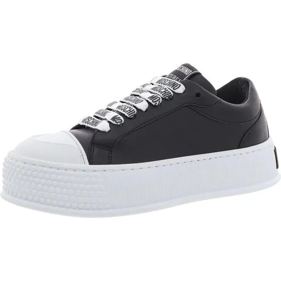 Moschino Womens B/W Lace-Up Faux Leather Casual And Fashion Sneakers New