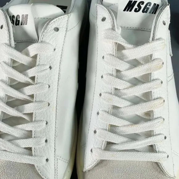 MSGM White Leather Suede Trim Lace-Up Low Top Sneakers