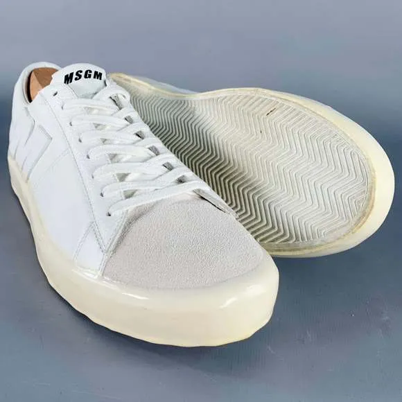 MSGM White Leather Suede Trim Lace-Up Low Top Sneakers
