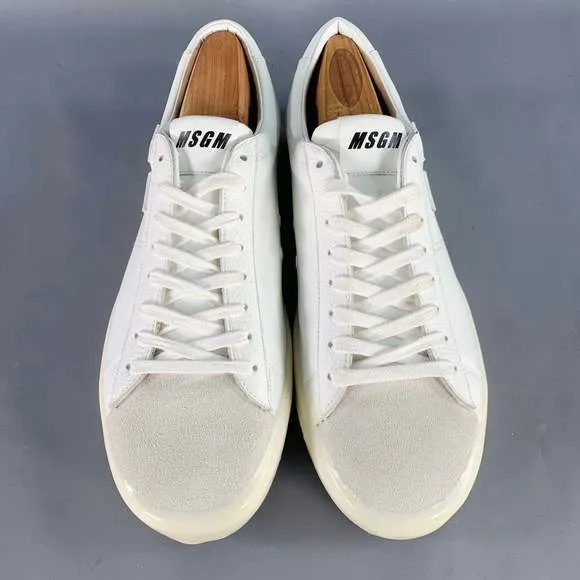 MSGM White Leather Suede Trim Lace-Up Low Top Sneakers