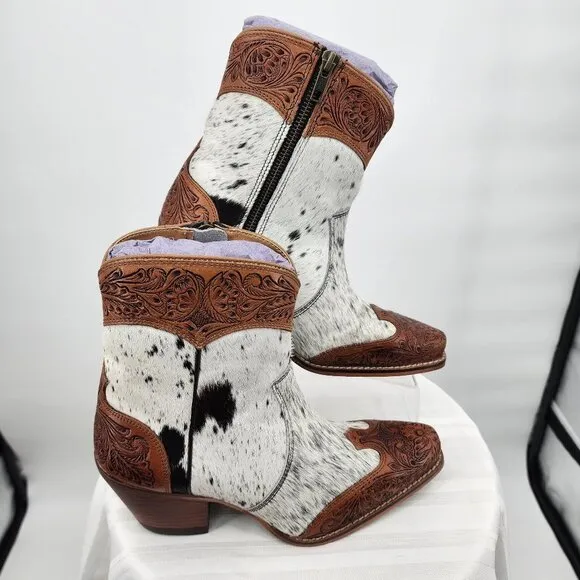MYRA BAG Silverado Hair On Tooled Leather Shortie Cowboy Boots Size 6-11 NWT