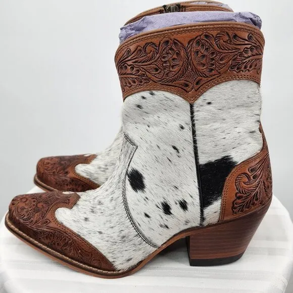 MYRA BAG Silverado Hair On Tooled Leather Shortie Cowboy Boots Size 6-11 NWT