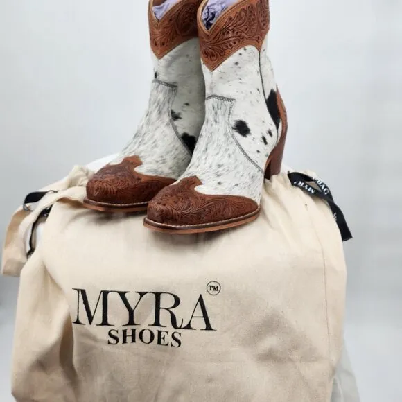 MYRA BAG Silverado Hair On Tooled Leather Shortie Cowboy Boots Size 6-11 NWT