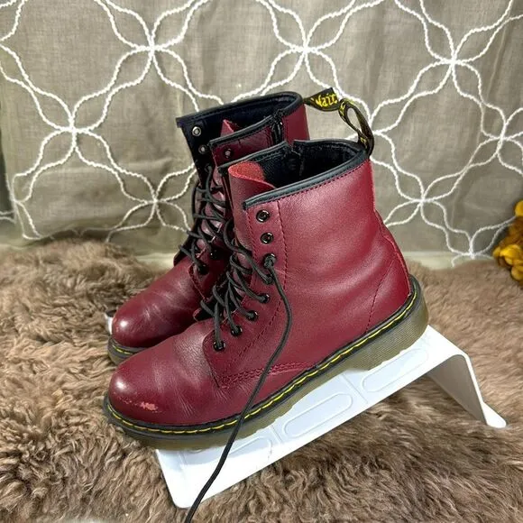 (N1) Dr Martens 1460J Classic Ankle ZIP Leather Cherry Red Boots Junior Size 3