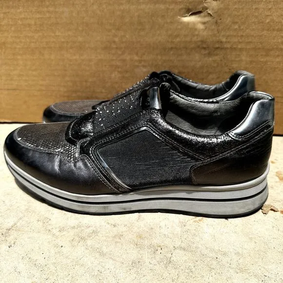 Nero Giardini Rhinestone Leather Sneakers Casual Fashion Pull On Black 41 10.5