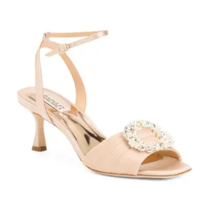 NEW  BADGLEY MISCHKA Leather Nimah Embellished Heeled Sandals Satin Nude 567mn