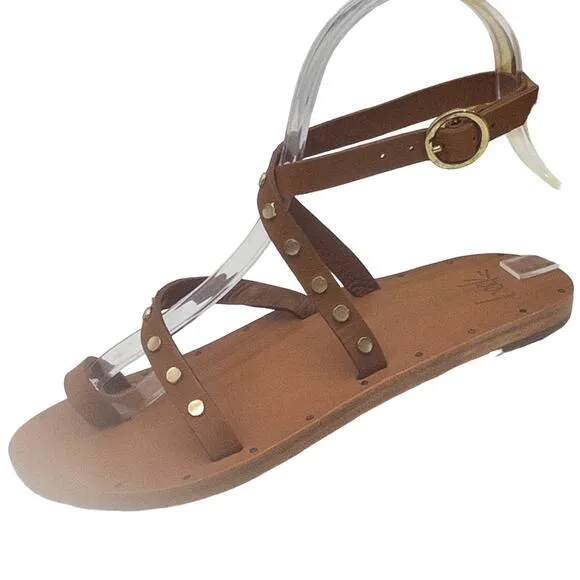 New Beek Gladiator Studded Lorikeet Tan Wrap Sandals 6 Women's