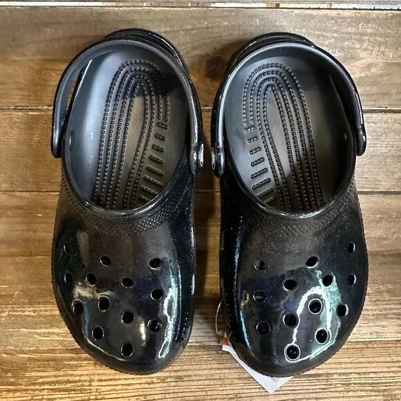 New Big Kids Crocs Classic Black High‎ Shine Patent Clogs Shoes Sandals Size 1 Y
