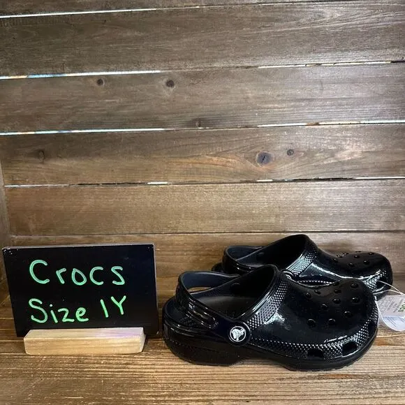 New Big Kids Crocs Classic Black High‎ Shine Patent Clogs Shoes Sandals Size 1 Y
