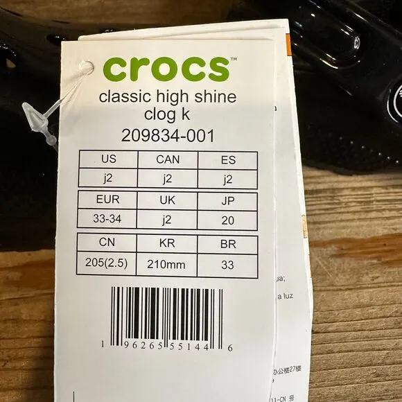 New Big Kids Crocs Classic Black High Shine‎ Patent Clogs Shoes Sandals Size 2 Y