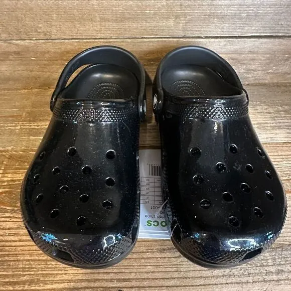 New Big Kids Crocs Classic Black High Shine‎ Patent Clogs Shoes Sandals Size 2 Y