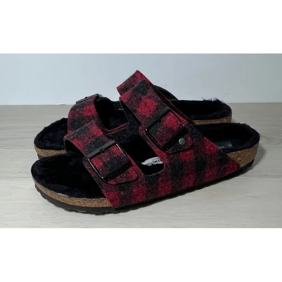 NEW Birkenstock ArizonaShearling plaid red wool/black shearling Size US 11