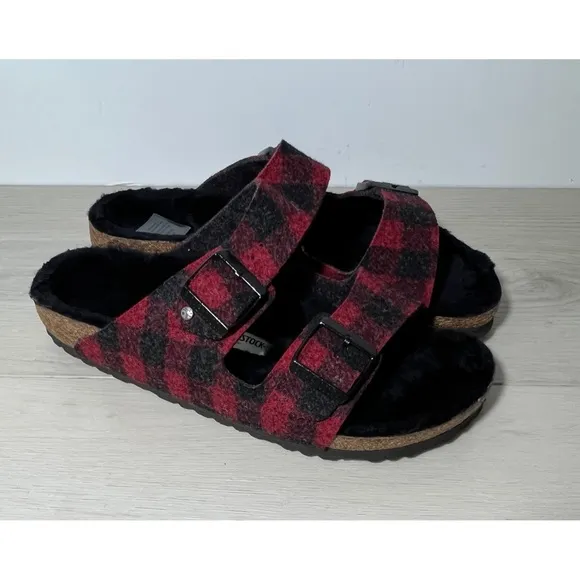 NEW Birkenstock ArizonaShearling plaid red wool/black shearling Size US 11