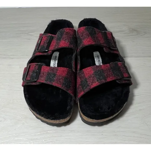 NEW Birkenstock ArizonaShearling plaid red wool/black shearling Size US 11