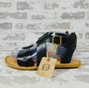 New Born Leah Black Leather Buckle Up Flat Sandals H787