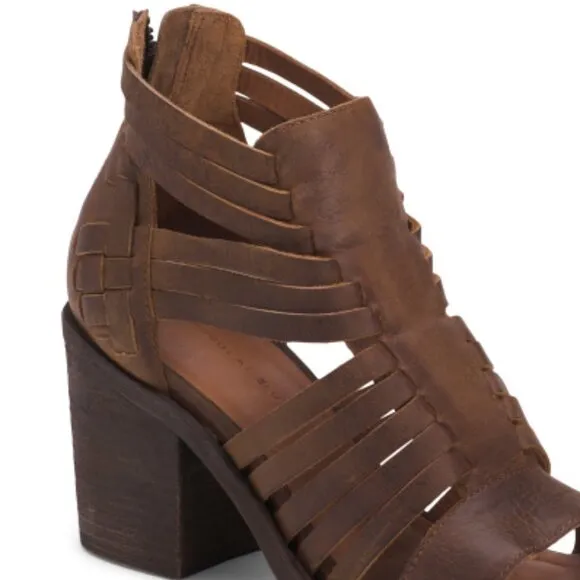 NEW CHOCOLAT BLU Made In Brazil Leather Felice Heeled Cage Sandals Brown…