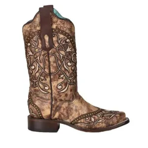 NEW CORRAL women's overlay with studs square toe boots in taupe
