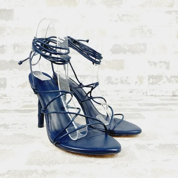 NEW Cult Gaia Soleil Navy Blue Lace Up Open Toe High Heel Sandals W741